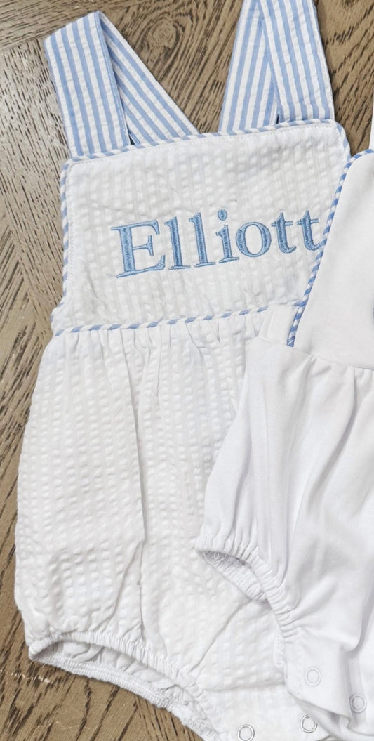 Seersucker Sun Bubble- white with blue trim *Embroidery included (Copy)