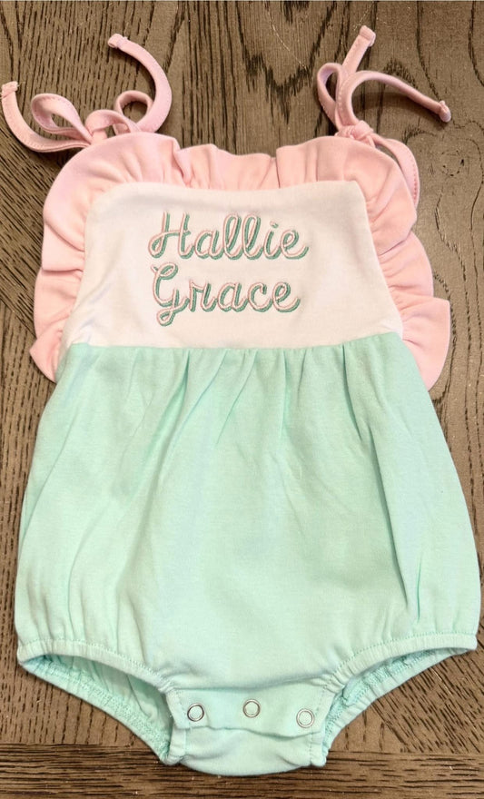 Girl's mint sunsuit- includes embroidery