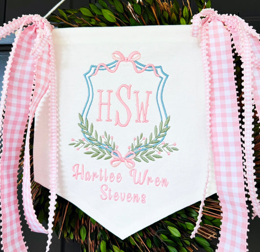 CUSTOM Baby Banner- Crest with Bow with gingham ribbon