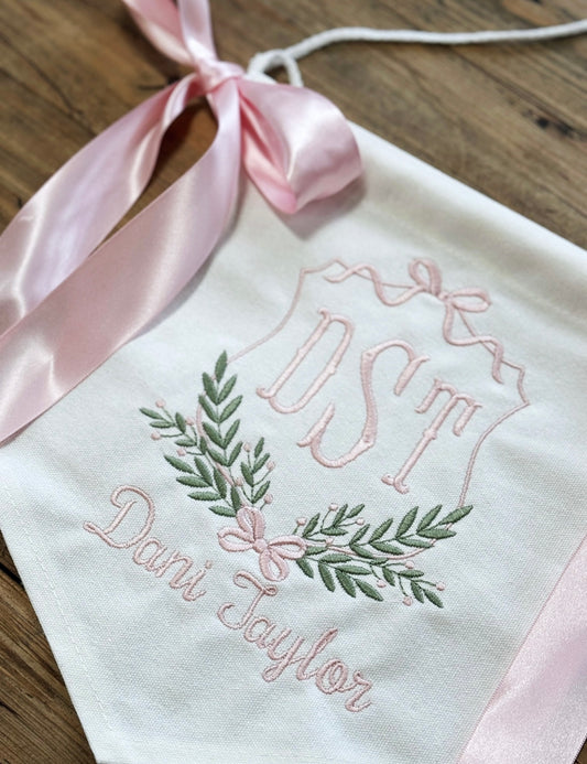 CUSTOM Baby Banner- Crest with bow with satin bows