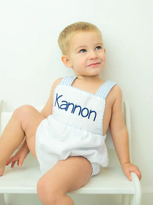 Seersucker Sun Bubble- white with blue trim *Embroidery included (Copy)