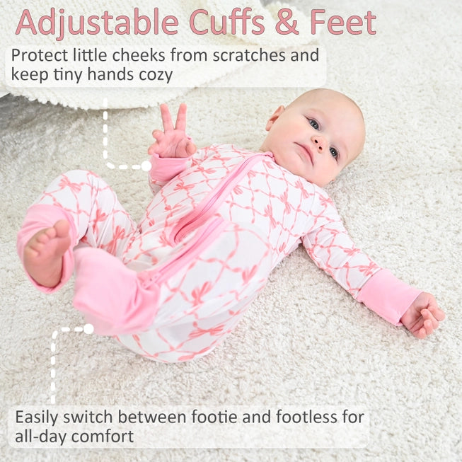 Beautiful Bows Bamboo Pajamas, 2 Way Zipper Romper